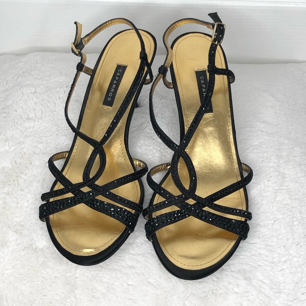 Black Strappy Kitten Heel Sandals with Black Rhinestones (Size 8)